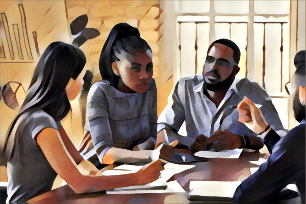 A diverse team of leaders engaged in a focused discussion, collaborating on strategic decision-making in a high-stakes environment, emphasizing trust, strengths-based leadership, and influence over authority.
