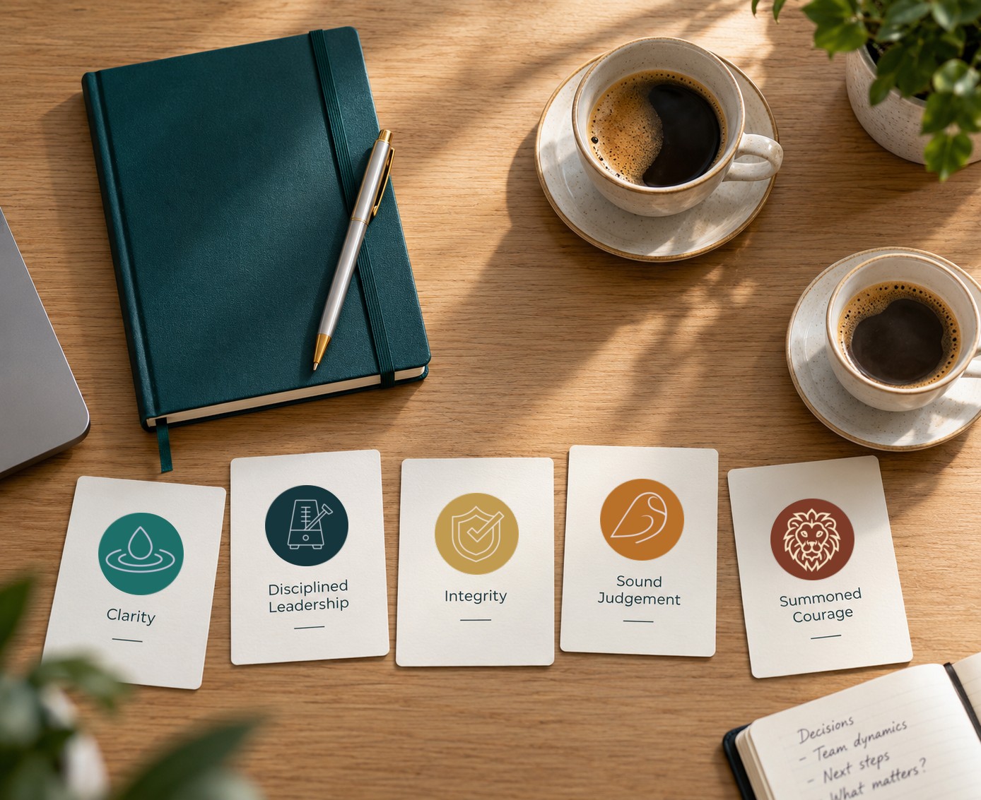 A table set for a coaching session, with a notebook, two coffees and the five i3 Core Leadership Principles cards